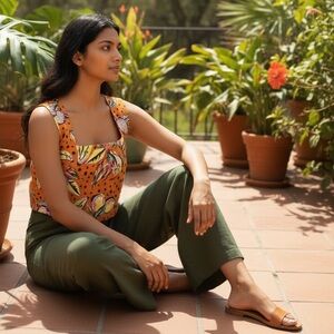 Tropical Orange Linen blend Floral Crop Top Large